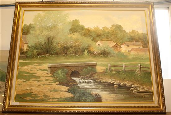 Oil of a bridge/river country scene